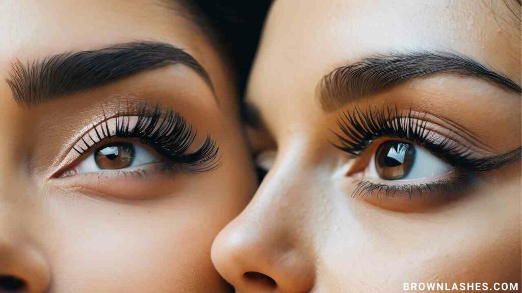 Eyelashes before and after a lash lift procedure, showcasing a transformative effect.