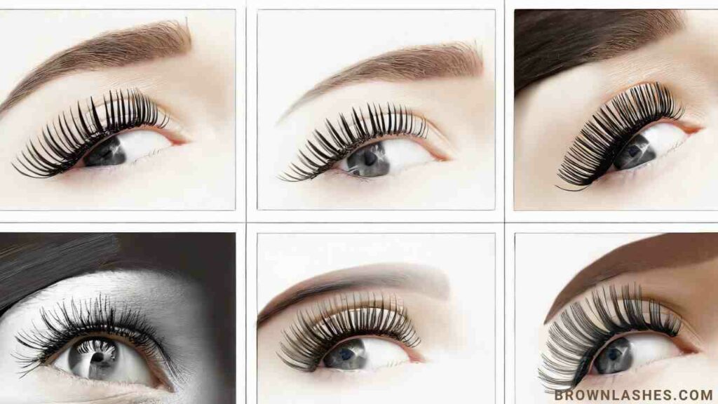 Collage featuring different types of lash lifts, including classic, tinted, keratin, mega volume, and more.