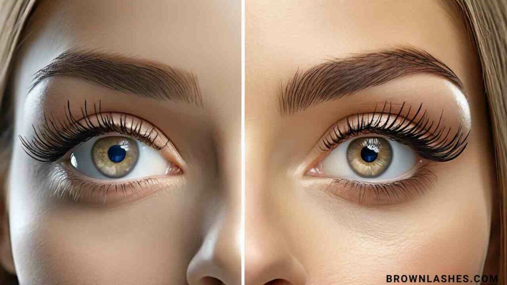 Before and after comparison of eyelashes showing the transformative effects of lash serum.