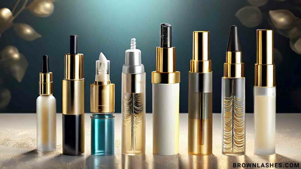 Displaying an aesthetically pleasing image of various lash serum products arranged neatly, perhaps with soft lighting, to evoke a sense of luxury and positive association.