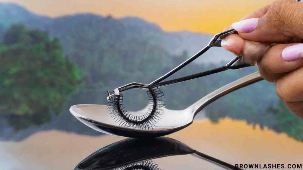 A spoon and eyelash curler on a clean surface, representing the unconventional method of curling lashes.