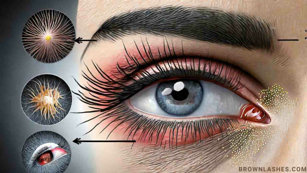 Visual representation of various conditions like ingrown hairs, blepharitis, styes, eyelash mites, entropion, and lice that may cause eyelash pain.