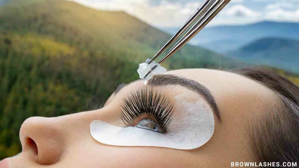 Close-up photo demonstrating the gentle removal of false eyelashes with tweezers, aided by a small amount of Vaseline to dissolve the adhesive.