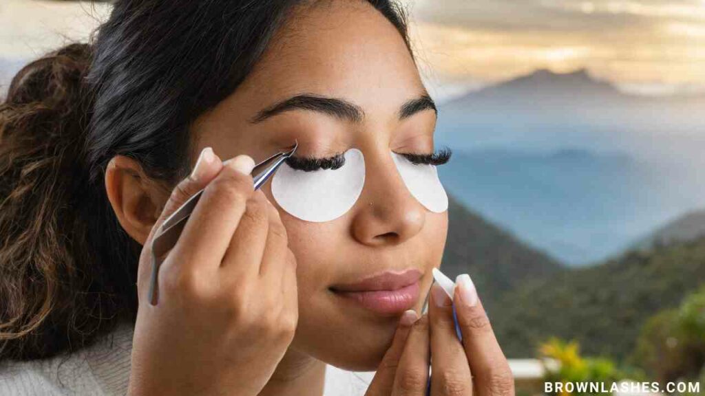 Close-up view of a person gently removing eyelash extensions at home