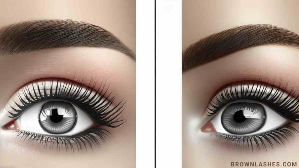 Side-by-side comparison showing lashes before and after using a high-quality curler with proper technique.