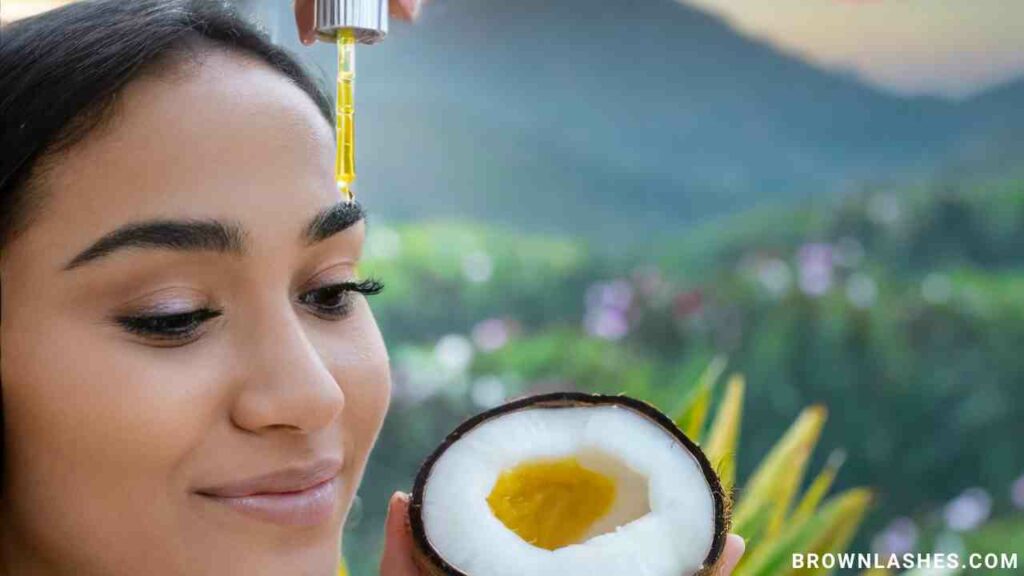 Natural oils like castor oil and coconut oil being applied to eyelashes for thickness and growth.