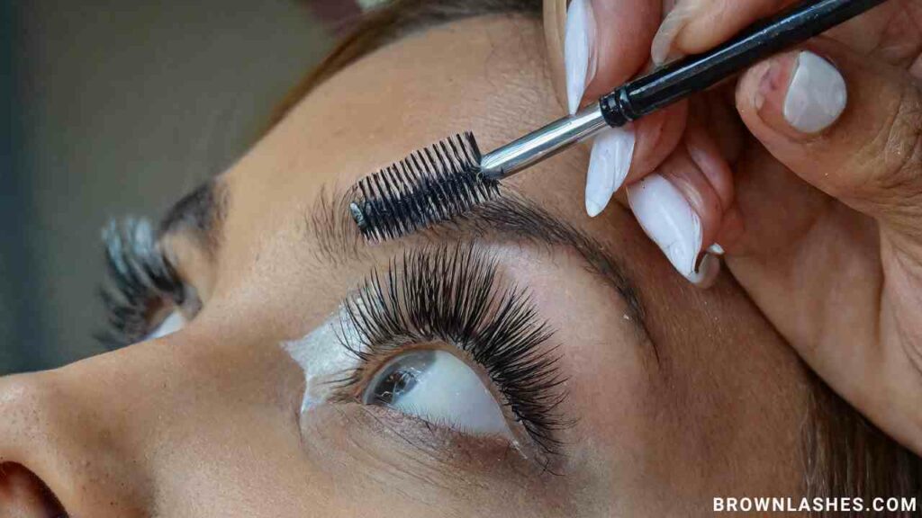 Eyelashes being gently brushed to encourage growth and improve thickness.