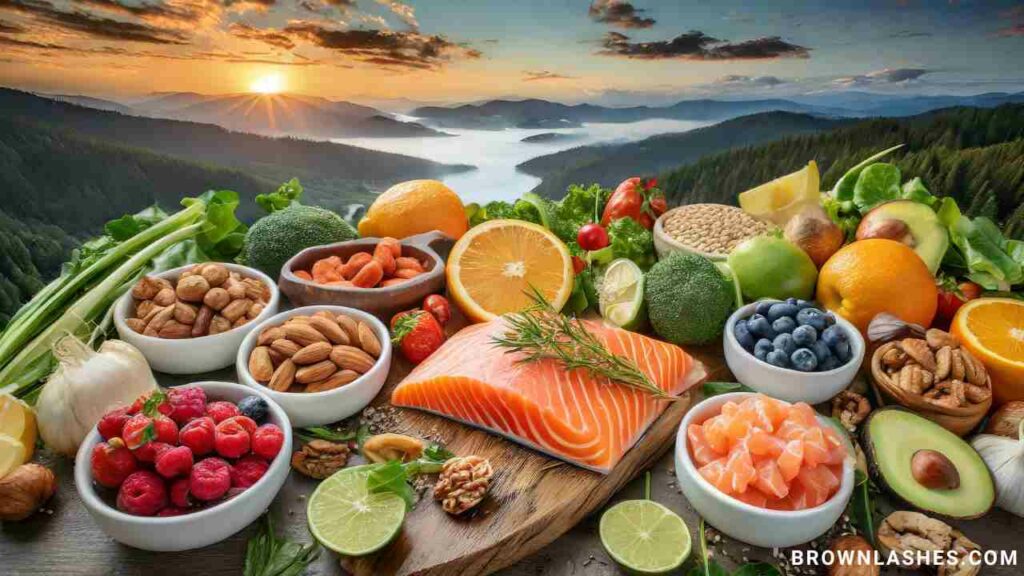 Nutrient-rich foods are arranged in an eye-catching display, showcasing an effective nutritional diet for eyelashes. Included are foods like salmon, nuts, fruits, and vegetables known to promote lash health and natural growth.