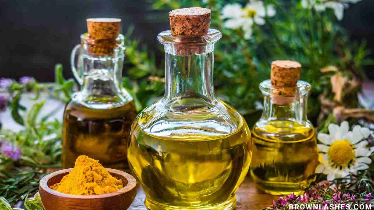 An image showcasing a variety of natural oils, including castor oil and olive oil, arranged neatly on a wooden surface. The oils are surrounded by fresh herbs and flowers, conveying a sense of natural beauty and skincare.