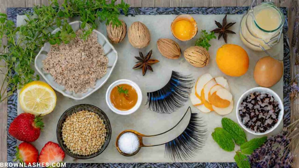 A creative portrayal of nutritional DIY delights for eyelashes, highlighting the use of wholesome ingredients in homemade remedies for radiant lash growth.