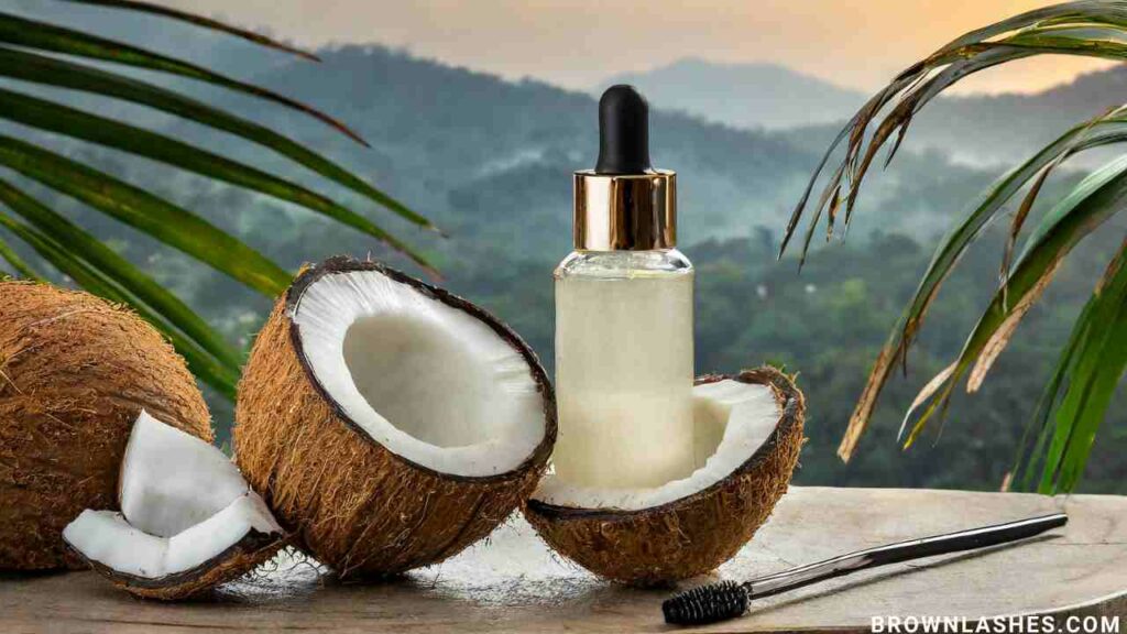 A visual representation highlighting the benefits of coconut oil for eyelash growth. The image showcases a clean mascara bottle filled with coconut oil, emphasizing its role in preventing damage, promoting moisture, and providing antifungal and antimicrobial benefits.