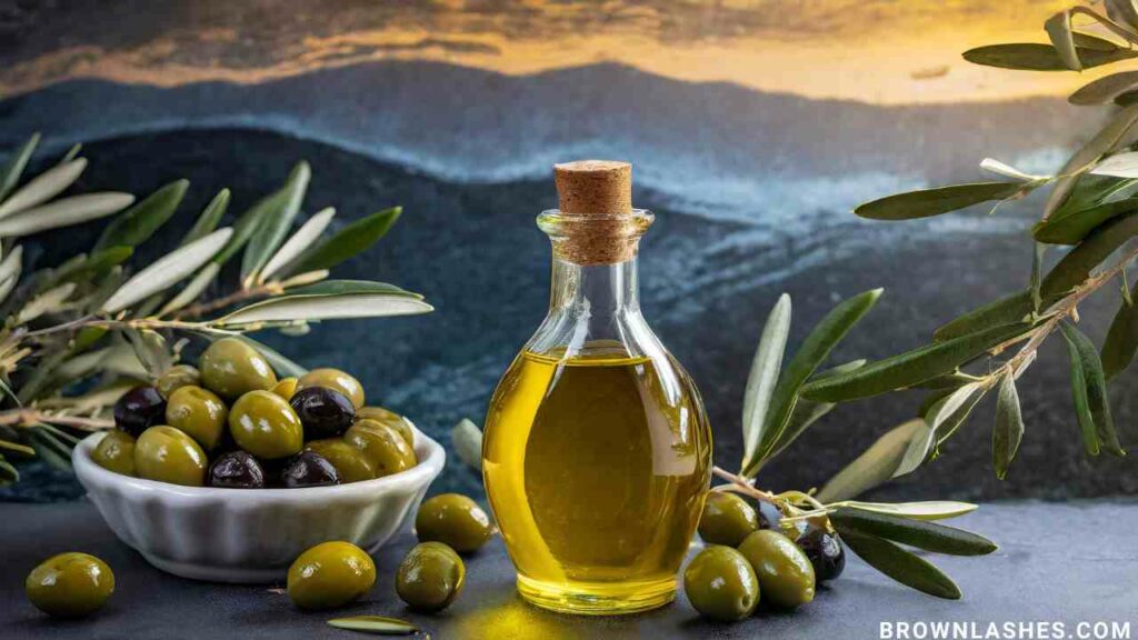 A captivating image showcasing the dual functionality of olive oil, both in culinary use and for eyelash care. The bottle of olive oil is surrounded by olives, emphasizing its richness in Vitamins K and E for conditioning and moisturizing lashes.