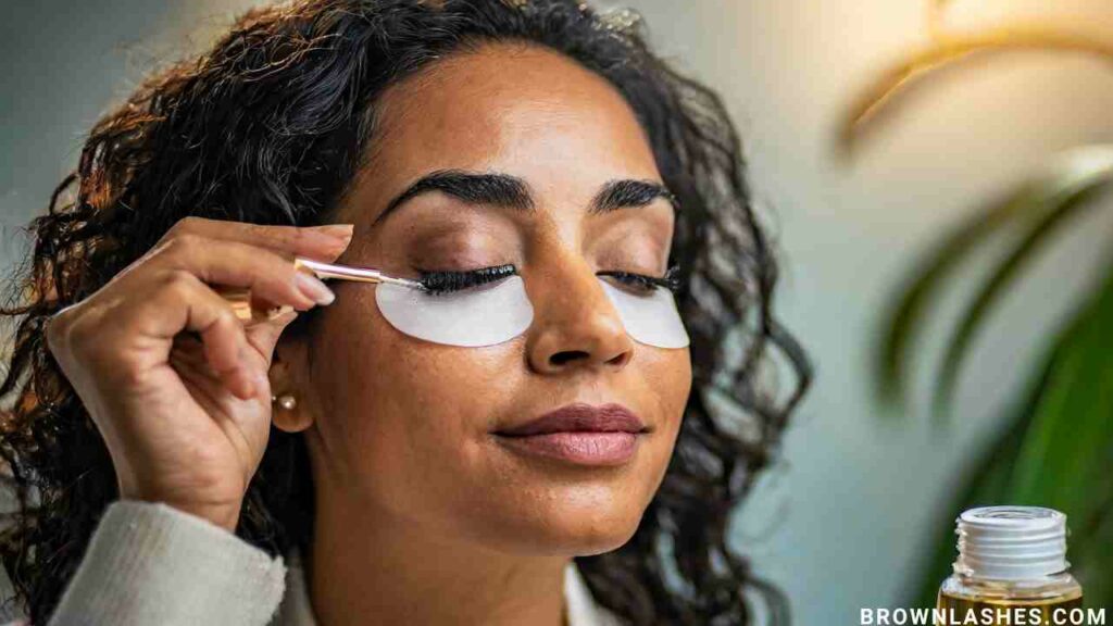 An elegant visual representation capturing the essence of optimal eyelash care. The image showcases a serene moment of self-care, with a person gently applying a natural oil blend to their eyelashes. 