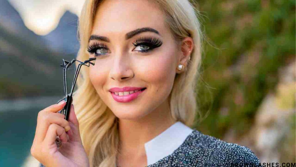 An elegant eyelash curler, mascara, and lash extensions next to a clean, makeup-free eye, promoting the idea of achieving a natural look with just an eyelash curler.