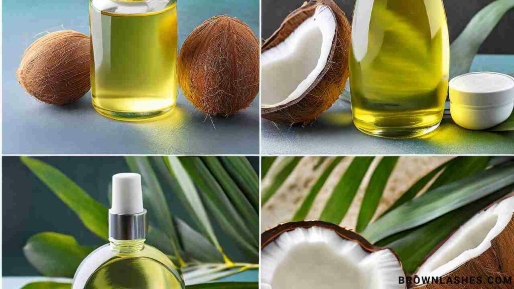 Collage of various oil-based solutions like coconut oil, olive oil, and a gentle makeup remover.