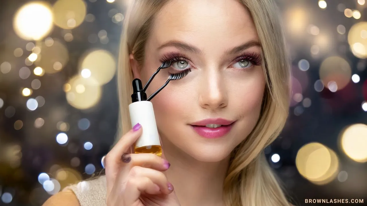 Eyelash serum bottle and illustration of lush eyelashes.