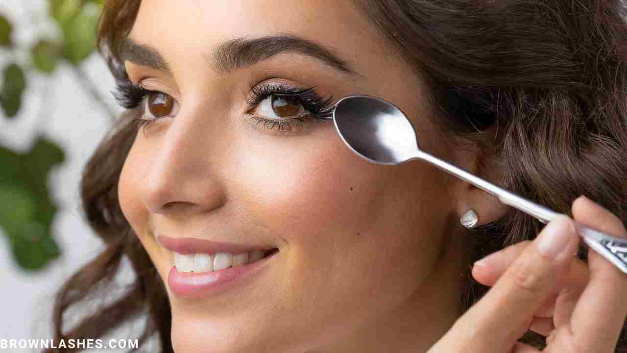 Eyelashes gently curved around a spoon near an eye, with hands demonstrating the curling technique. Soft lighting and botanical accents add a natural touch.