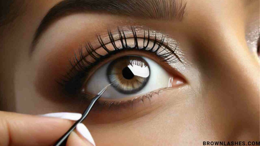 Close-up of fingertips delicately lifting eyelashes, illustrating the crafting elegance with a gentle touch.