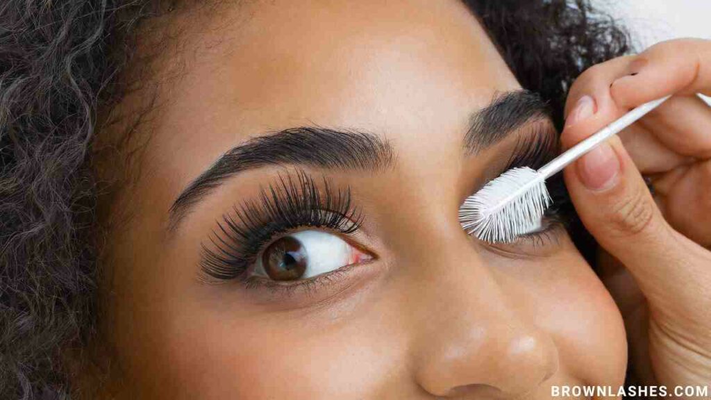 Close-up of natural lashes being brushed and moisturized, promoting healthy growth and thickness.