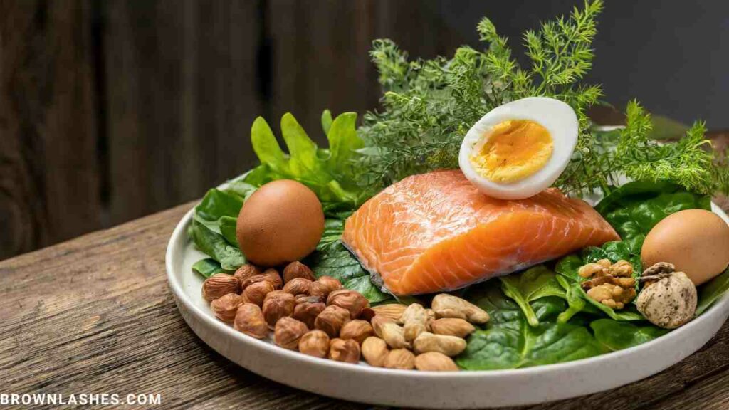 Incorporating leafy greens, salmon, nuts, and eggs into your diet provides the necessary nutrients to support lEyelash growth and strengthening.