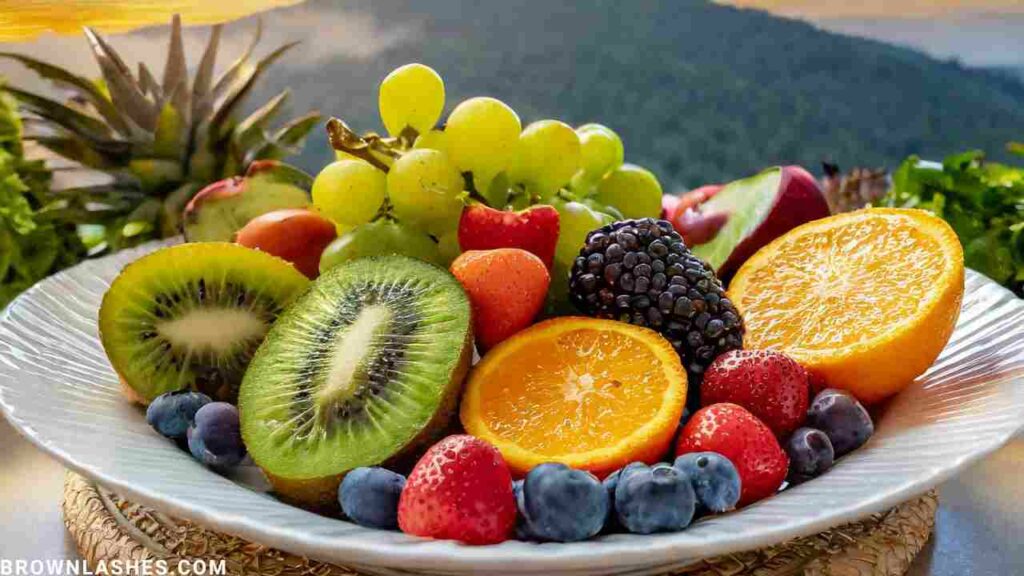 Fresh fruits and vegetables on a plate, represent a balanced diet for strong and Nourished Eyelashes.