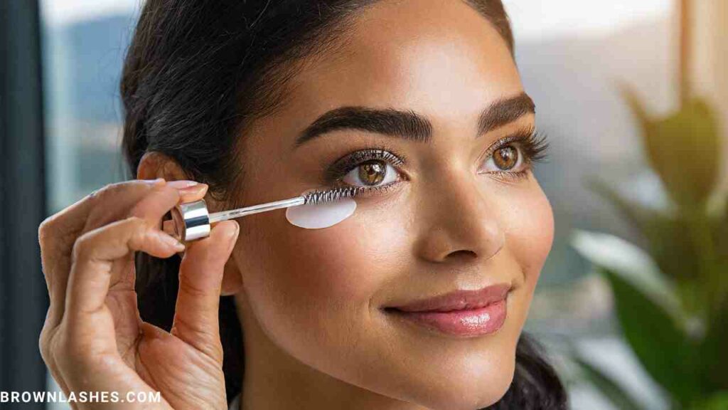 A close-up image of a woman applying a nourishing serum to her eyelashes, emphasizing the promotion of elasticity.