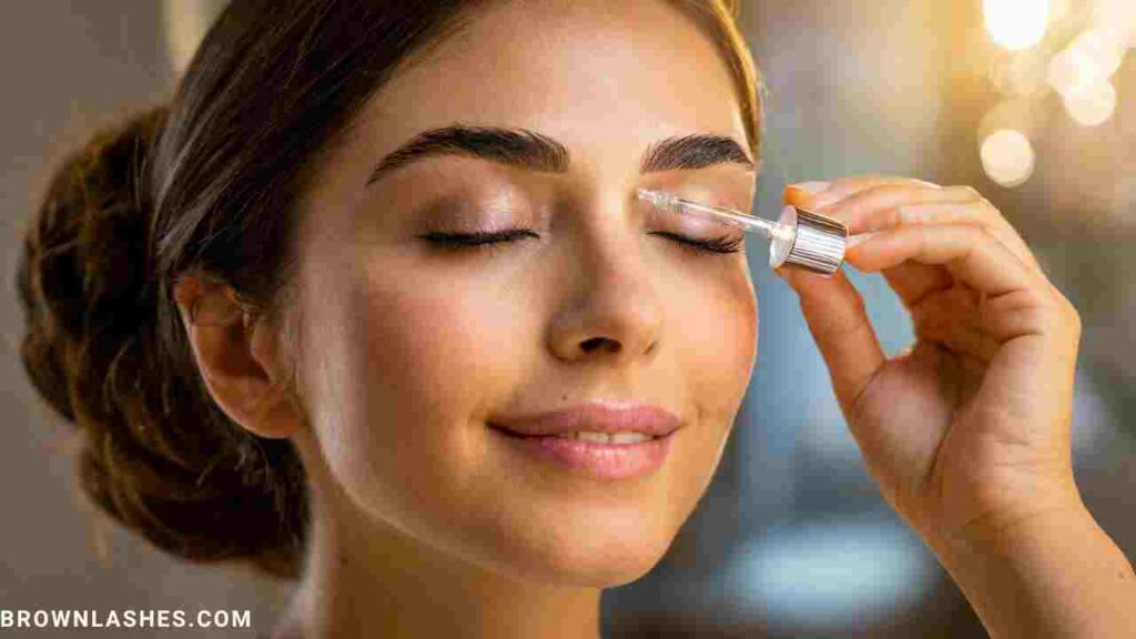 A woman gently removing her eye makeup, emphasizing the importance of being gentle to promote eyelash growth.