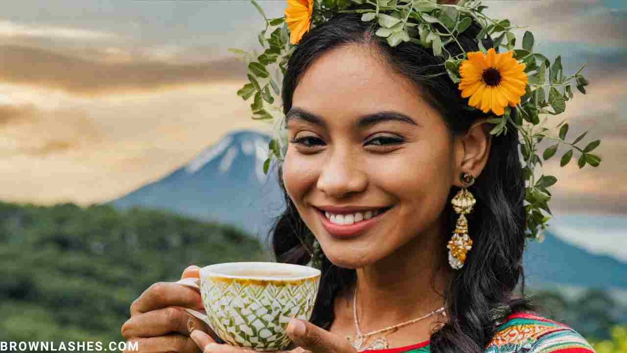 A woman with radiant, healthy-looking eyelashes holding a cup of herbal tea, depicting the potential benefits of herbal teas for enhancing eyelash appearance.