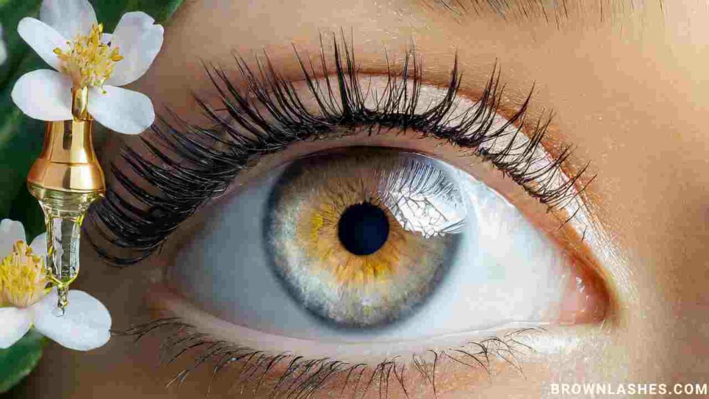 A close-up image depicting the application of natural oils and serums to promote eyelash strength naturally.