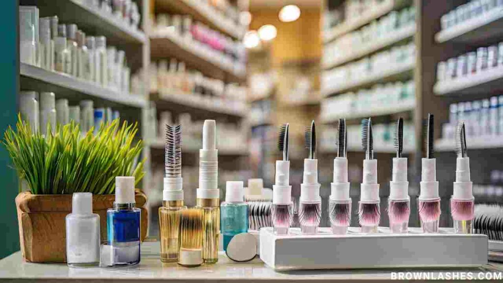 A selection of over-the-counter eyelash growth products displayed on a shelf in a pharmacy.