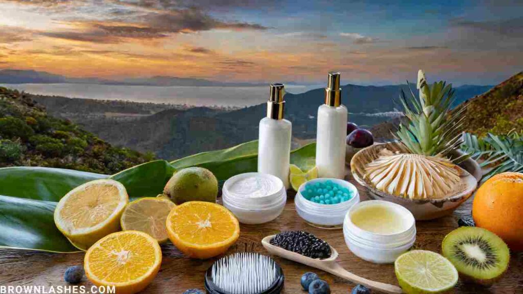 A collection of natural skincare products and fresh fruits, symbolizing tips for preventing eyelash fallout naturally.