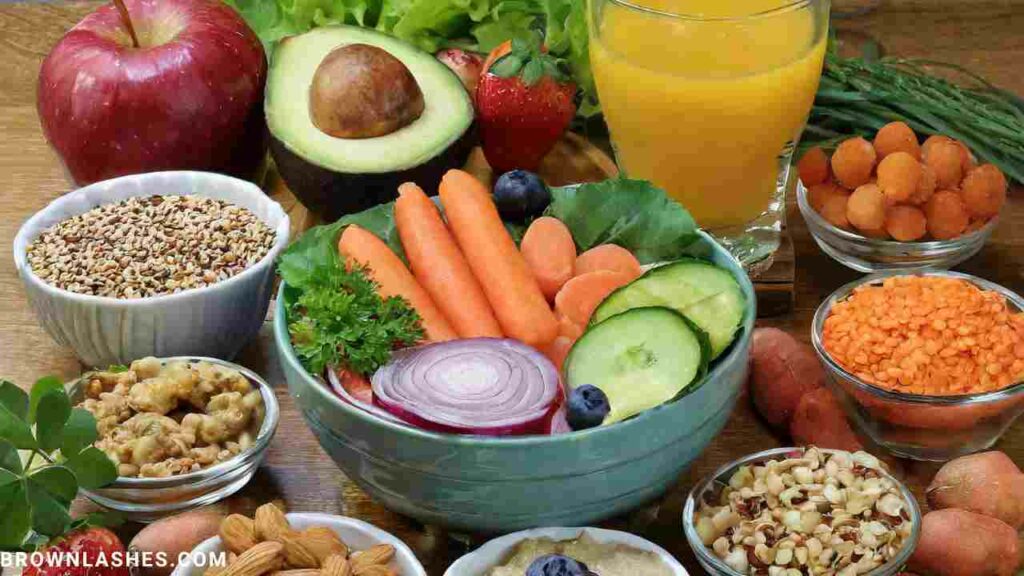 A balanced diet aids in naturally grown eyelashes: vegetables, fruits, and nuts on a plate, highlighting nutritional support for lash health.