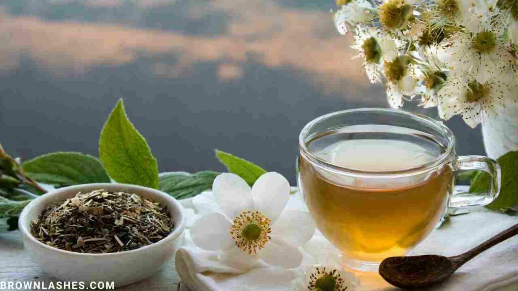 A captivating image showcasing the soothing properties of herbal teas for eyelash health, with emphasis on their ability to relieve redness, irritation, and swelling around the eyes.