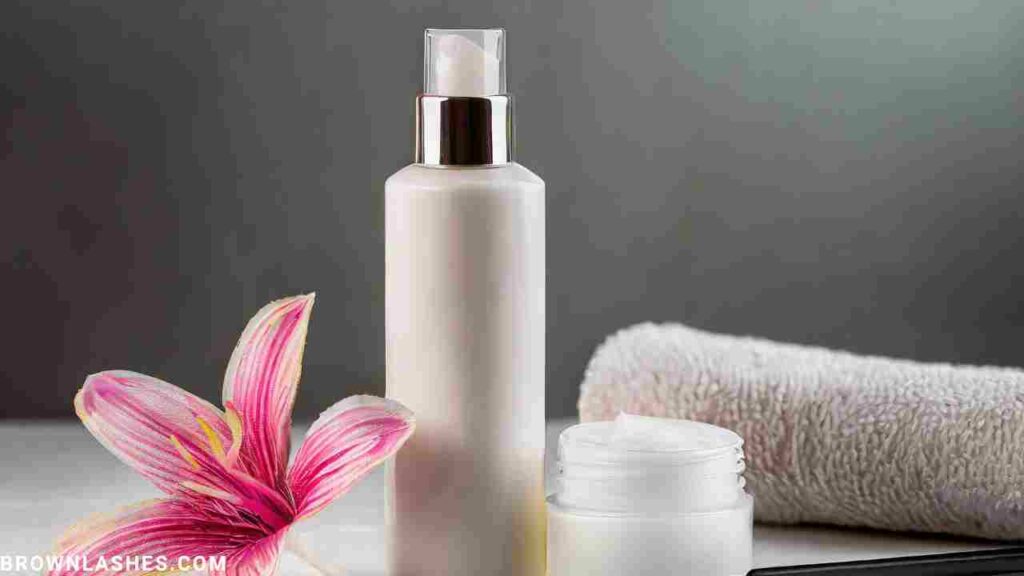 A bottle of harsh cleanser and a makeup remover containing parabens, highlighting the importance of gentle products for lashes.