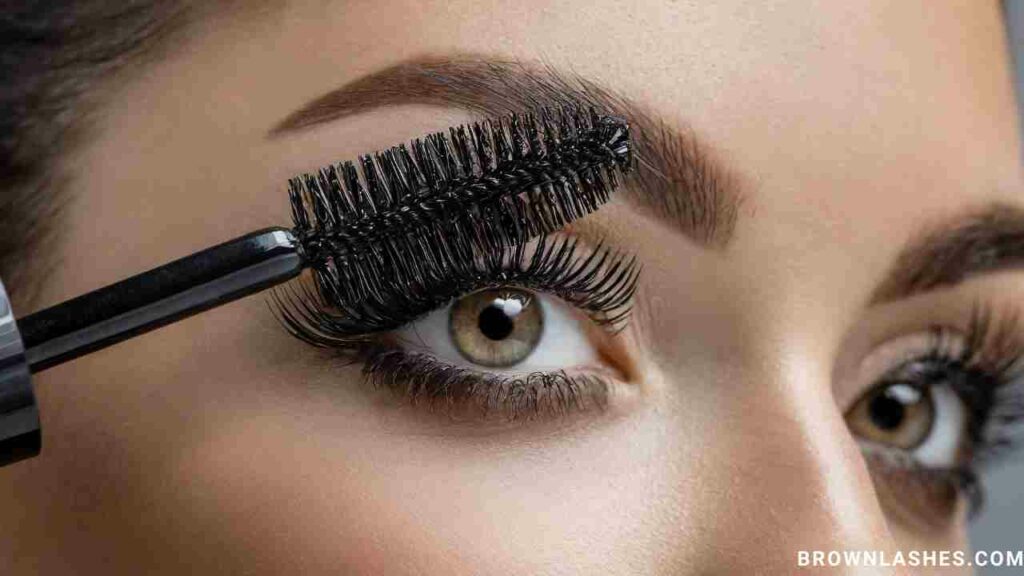 Close-up image demonstrating the technique of using a clean mascara wand to comb through lashes for natural curl enhancement.