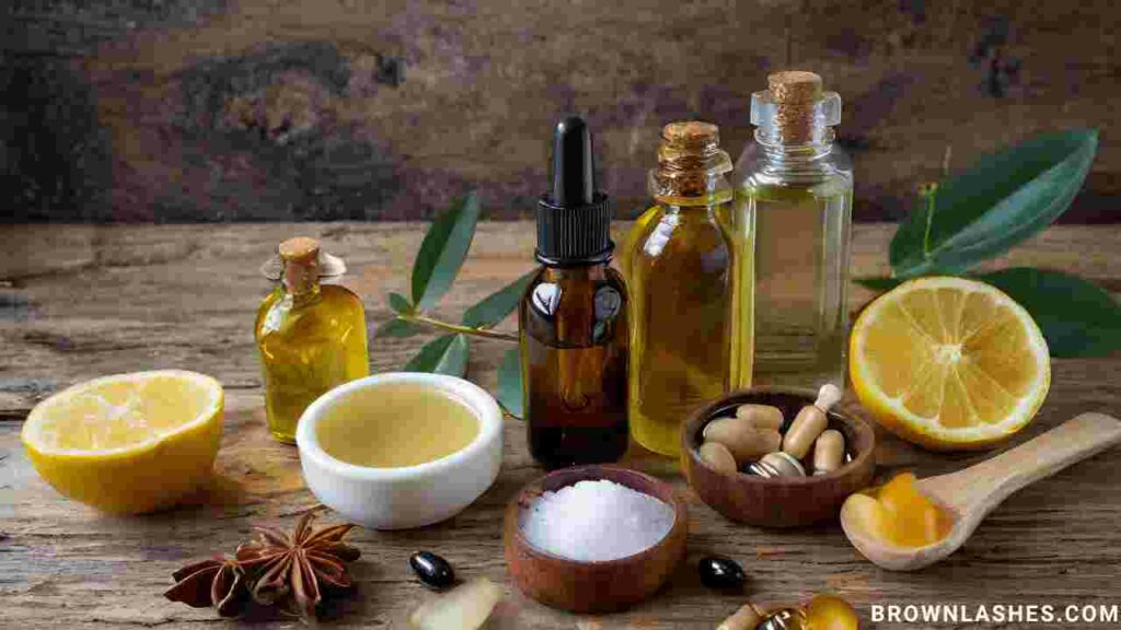 An assortment of organic oils and vitamins displayed on a wooden surface, representing components of DIY Eyelash conditioner recipes.