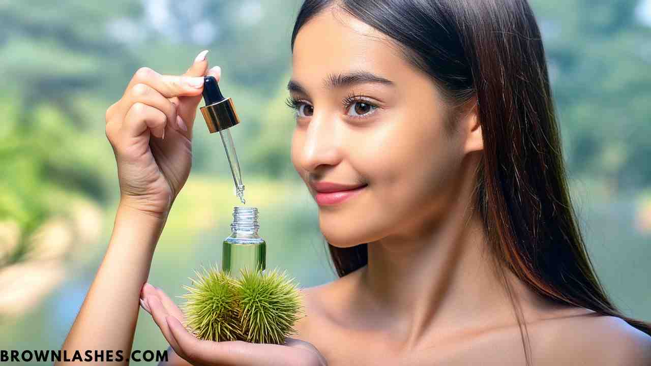 A close-up image of a bottle of castor oil, a natural remedy for eyelash revival.