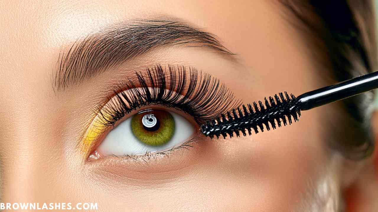 Close-up of a mascara wand applying castor oil to eyelashes for DIY lash strengthening.