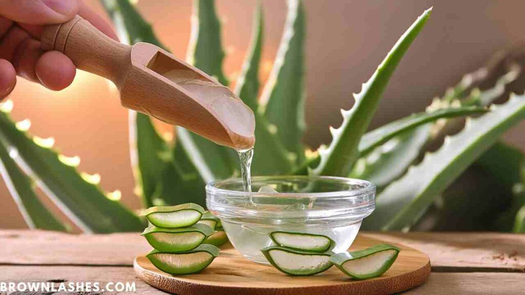 Aloe vera plant with gel being extracted, highlighting its use in DIY lash growth treatments.