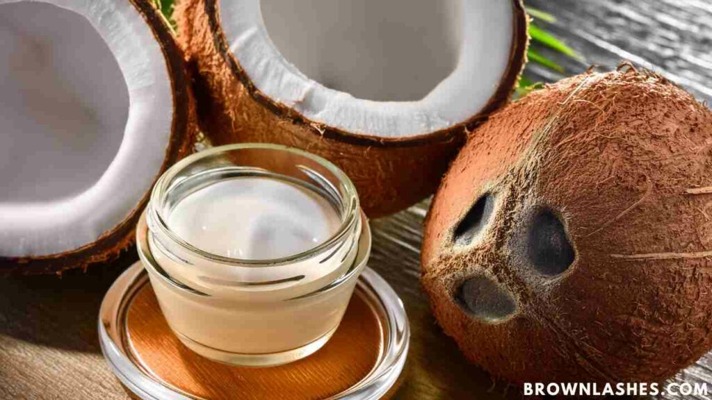 Coconut oil in a small jar, emphasizing its moisturizing benefits for eyelash health.