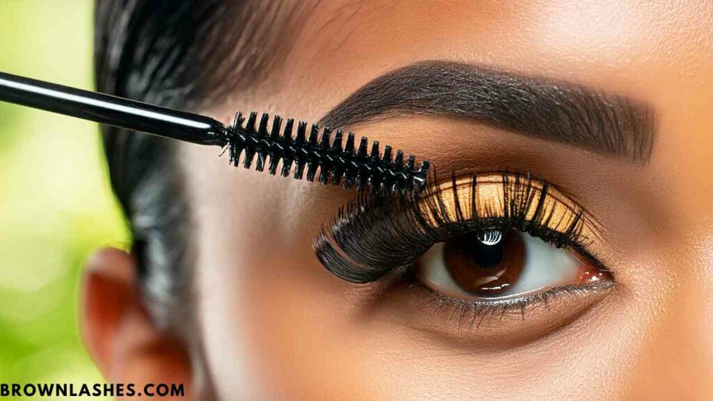 Close-up of a mascara wand applying castor oil to eyelashes, demonstrating a popular holistic remedy for strengthening and thickening thinning lashes.