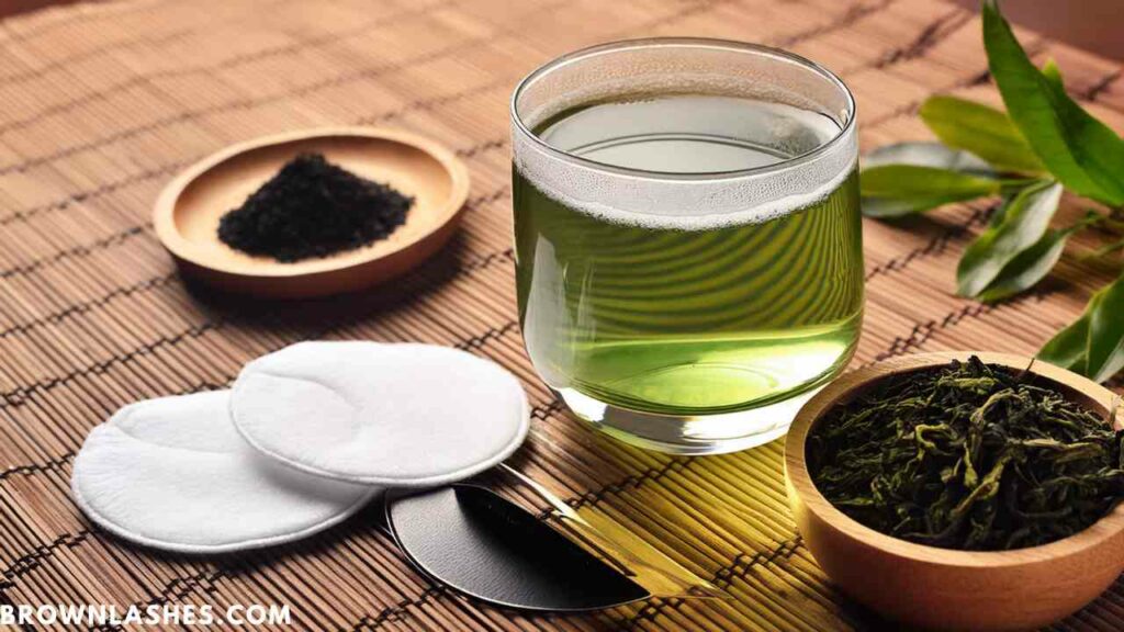 Woman using cooled green tea bags on her eyes, a remedy to reduce inflammation and support lash health.