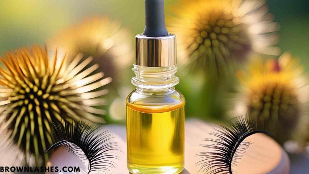 Close-up of a bottle of nourishing eyelash oil blend with natural ingredients like castor oil and vitamin E.