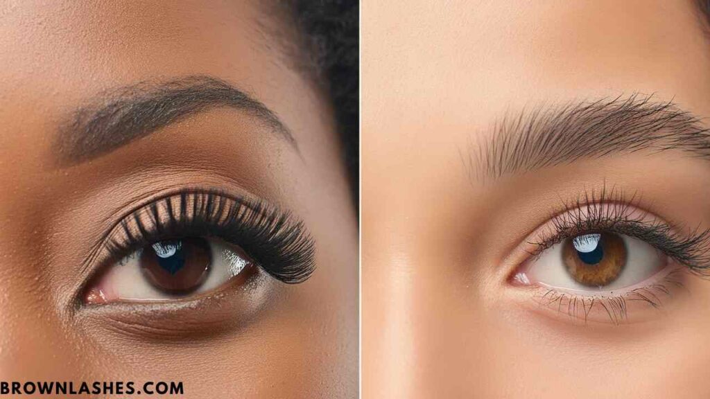 Before-and-after comparison of eyelashes, showing increased thickness and shine after using nourishing eyelash oil blend.