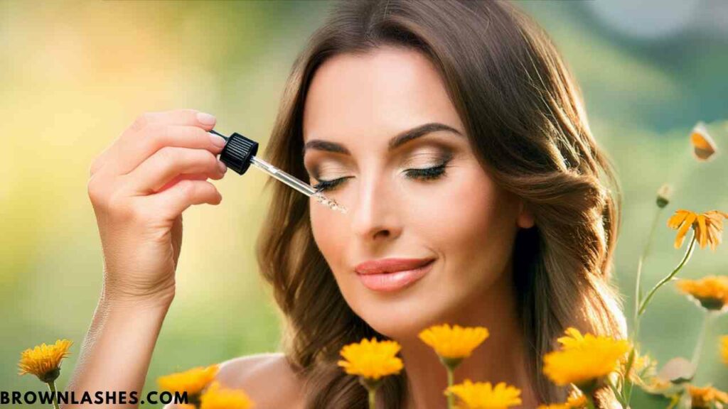 Woman applying nourishing eyelash oil blend using a small brush, enhancing lash health and growth.