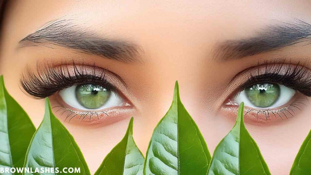 Green tea leaves and teacup, promoting lash growth