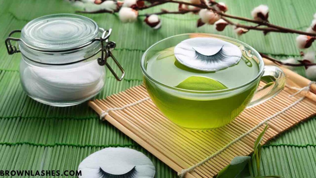 A cotton pad soaked in cooled green tea being applied to closed eyelids, providing antioxidant care for lashes.