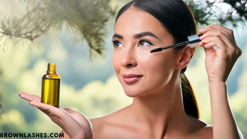 A close-up shot of a person's hand applying castor oil to their eyelashes with a small brush, highlighting the natural oil's use in promoting lash growth.