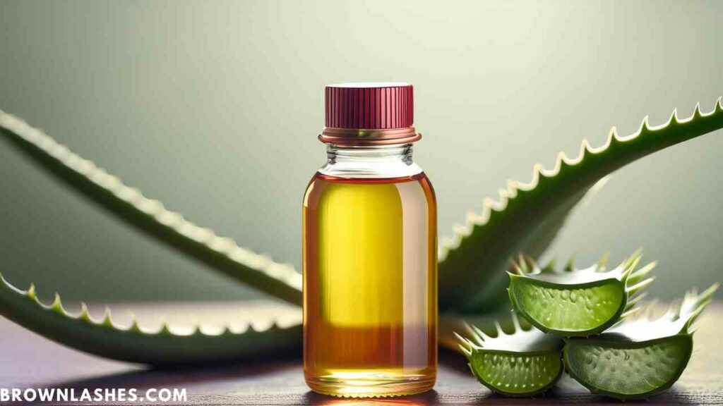 Bottle of castor oil and fresh aloe vera plant, popular herbal supplements for enhancing lash health.