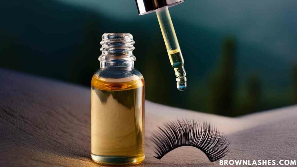 A small bottle of vitamin E oil with a dropper, a natural method to condition lashes and encourage a lasting curl.